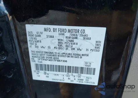 2007 Ford F-150 Fx4/Lariat/Xlt z USA, uszkodzony, nr VIN 1FTPW14517FB67306